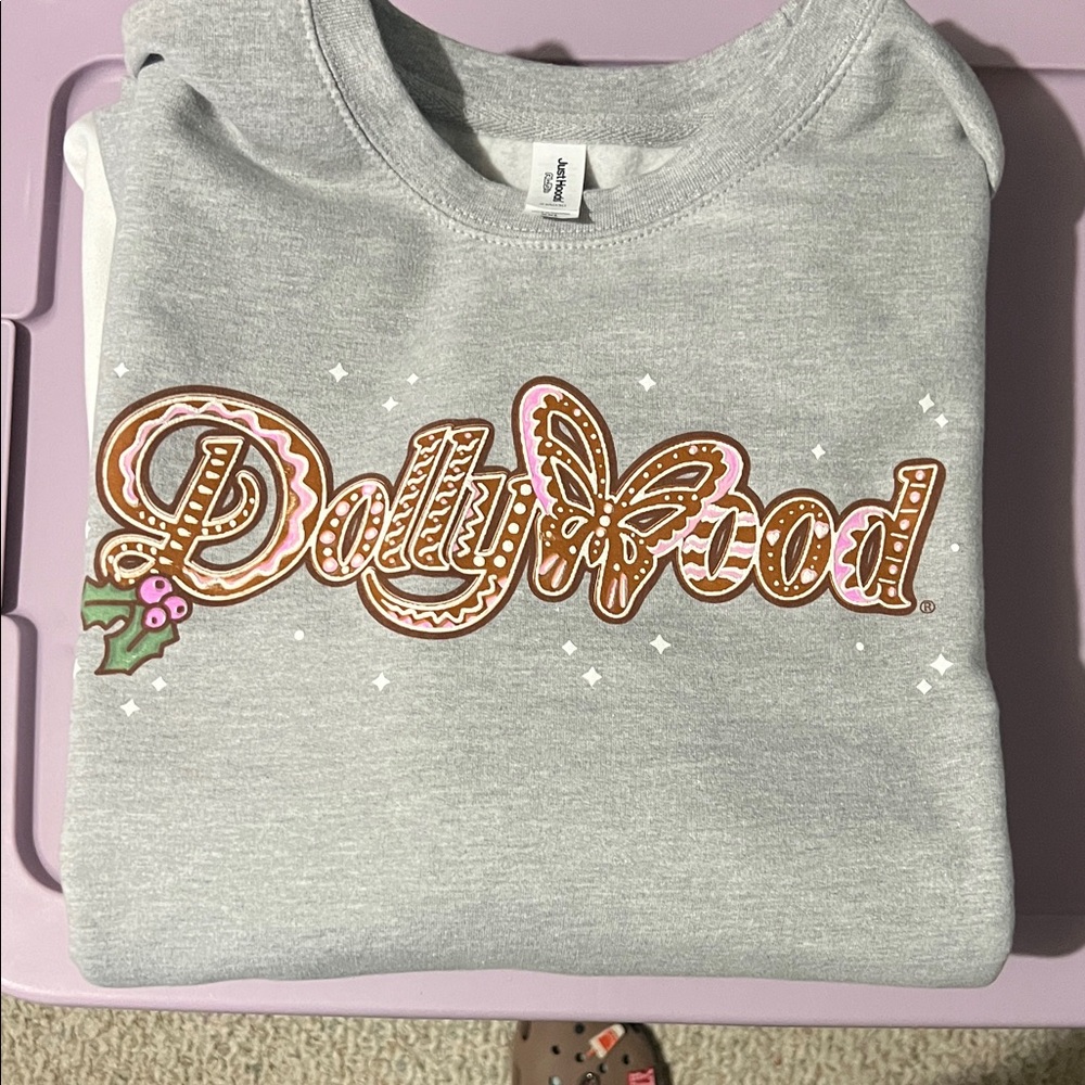 Gray Dollywood Sweatshirt with Brown and Pink Design